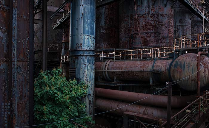 Photo of the rusting stacks of Bethlehem Steel from the Hoover Mason Trestle, Bethlehem, Pennsylvania by Danny N. Schweers.