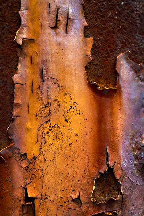 Orange paint peeling on a rusty pole by Danny N. Schweers, 2019