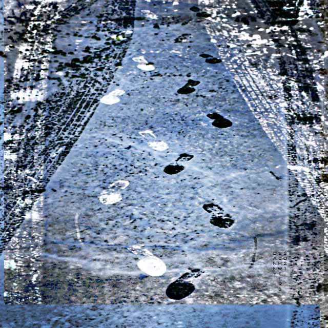 Photo collage of a thief’s footprints in the snow, Arden, Delaware. Photo copyright 2003; text, 2021, by Danny N. Schweers.
