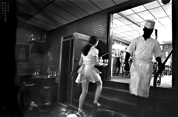 Photo of a dining room and bar, Austin, Texas, copyright 1974 by Danny N. Schweers