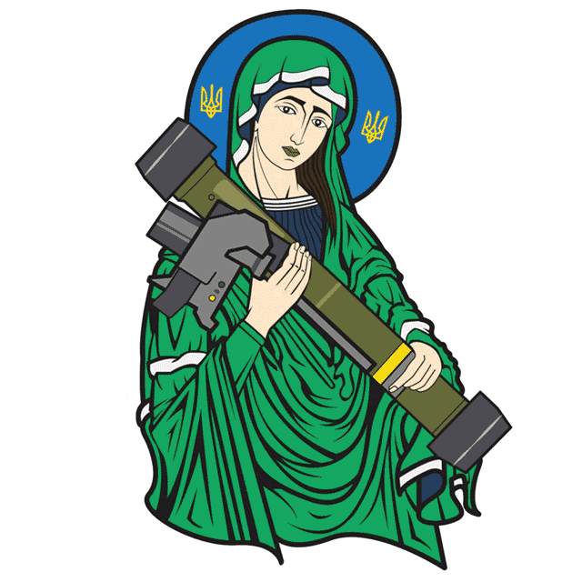 Saint Javelin artwork based on the 2012 painting “Madonna Kalashnikov” by American artist Chris Shaw